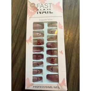 FAST Nail Burgundy Bow Heart Press On Nails Nude Red Ombre Coffin